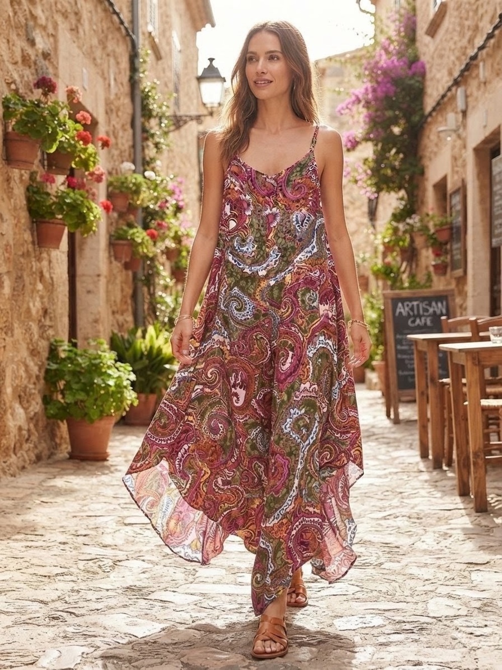 MSK Strappy Palazzo Wide-Leg Boho Jumpsuit Magenta Green Gold Paisley Print Size